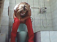 Blonde Adorable Lady In Red Panties Filmed On Hidden Cam In The Toilet